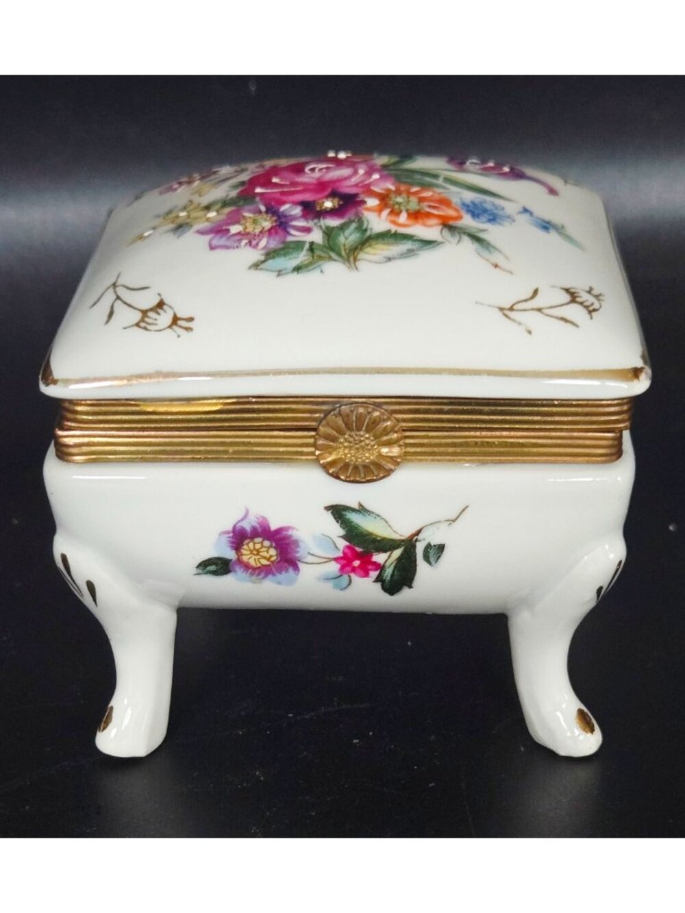 Vintage Porcelain Floral Hinged Trinket Box With Gold Accents & Butterfly Interi